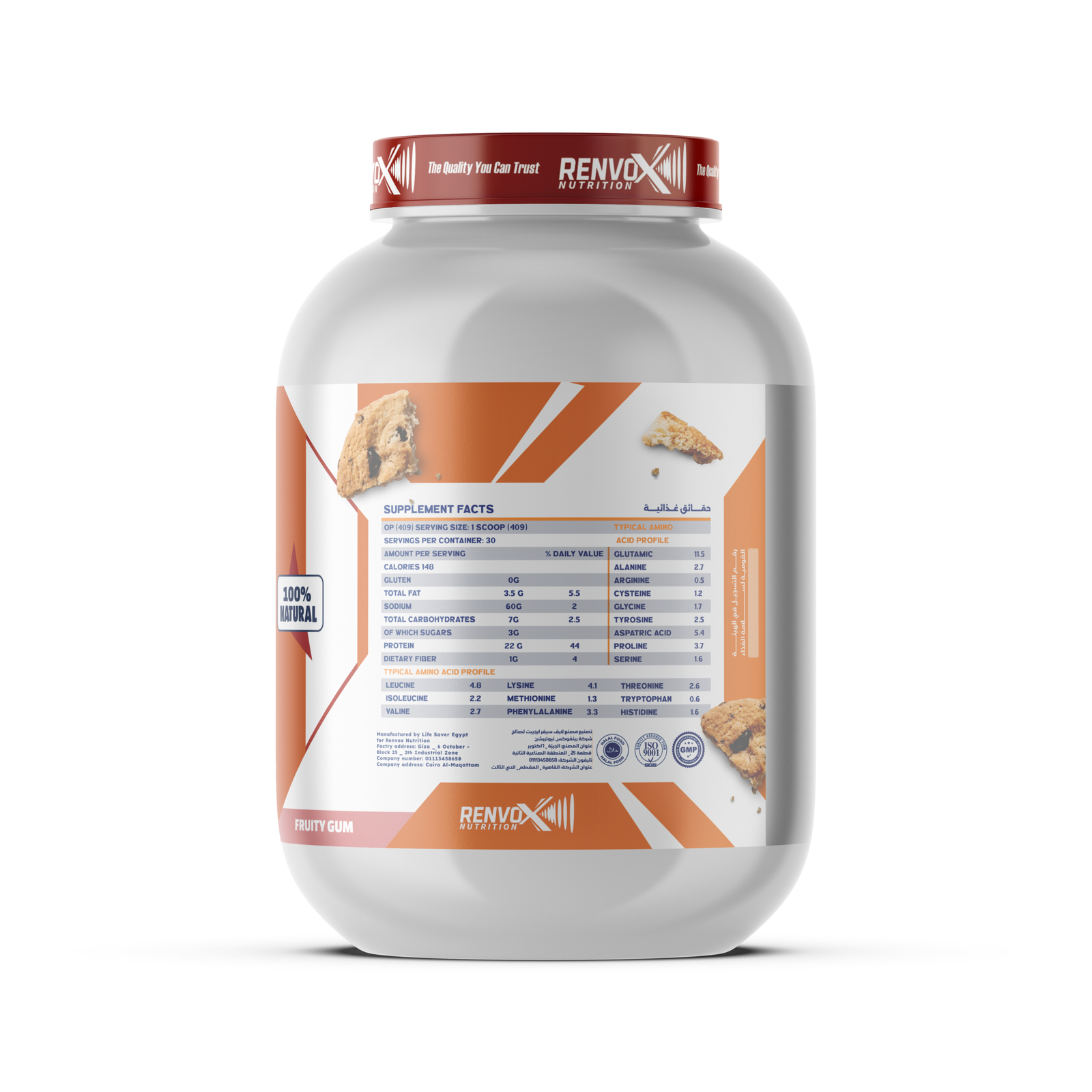Renvox Fruity Gum Protein Supplement Facts and Typical Amino Profile